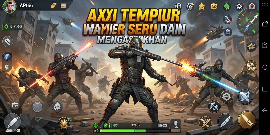 Screenshot menunjukkan aksi tembak menembak intens dalam API66.