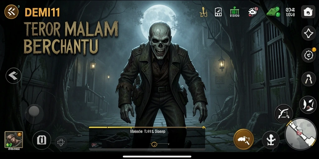 Tampilan gameplay DEMI11 dengan suasana mencekam dan efek visual yang menyeramkan.