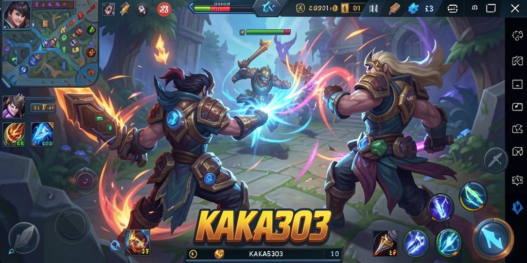 Screenshot KAKA303 menampilkan pertarungan hero yang intens.